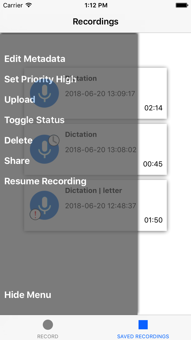 Speech Recorder - Pending Menu